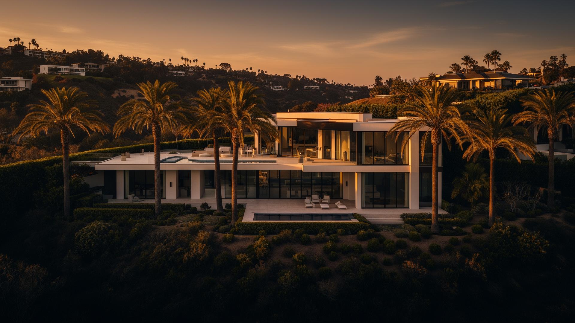 Luxury California hillside home at golden hour